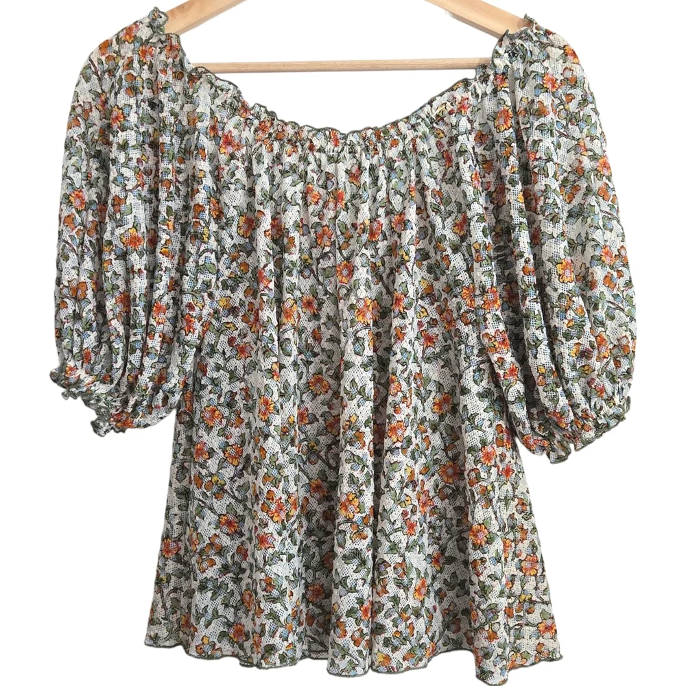 Women’s Floral Peasant Top - Cream with Orange & Green
